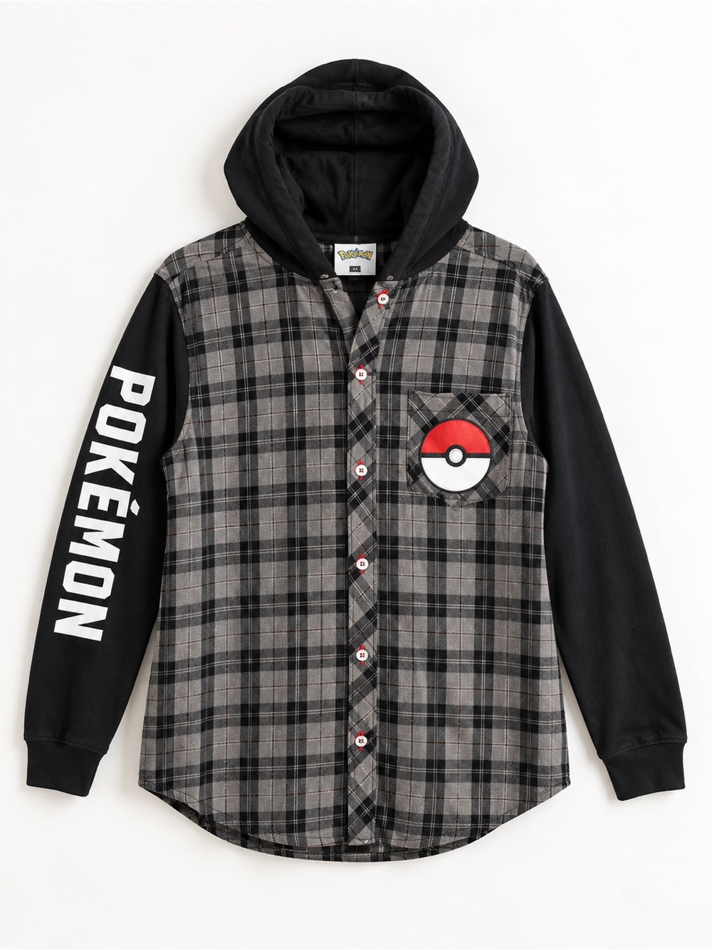 Pokémon Plaid Hooded Flannel Shirt Jacket Poké Ball Buttons XL
